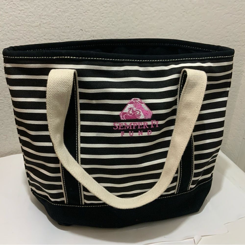 Land’s End tote simper fi stripes black white